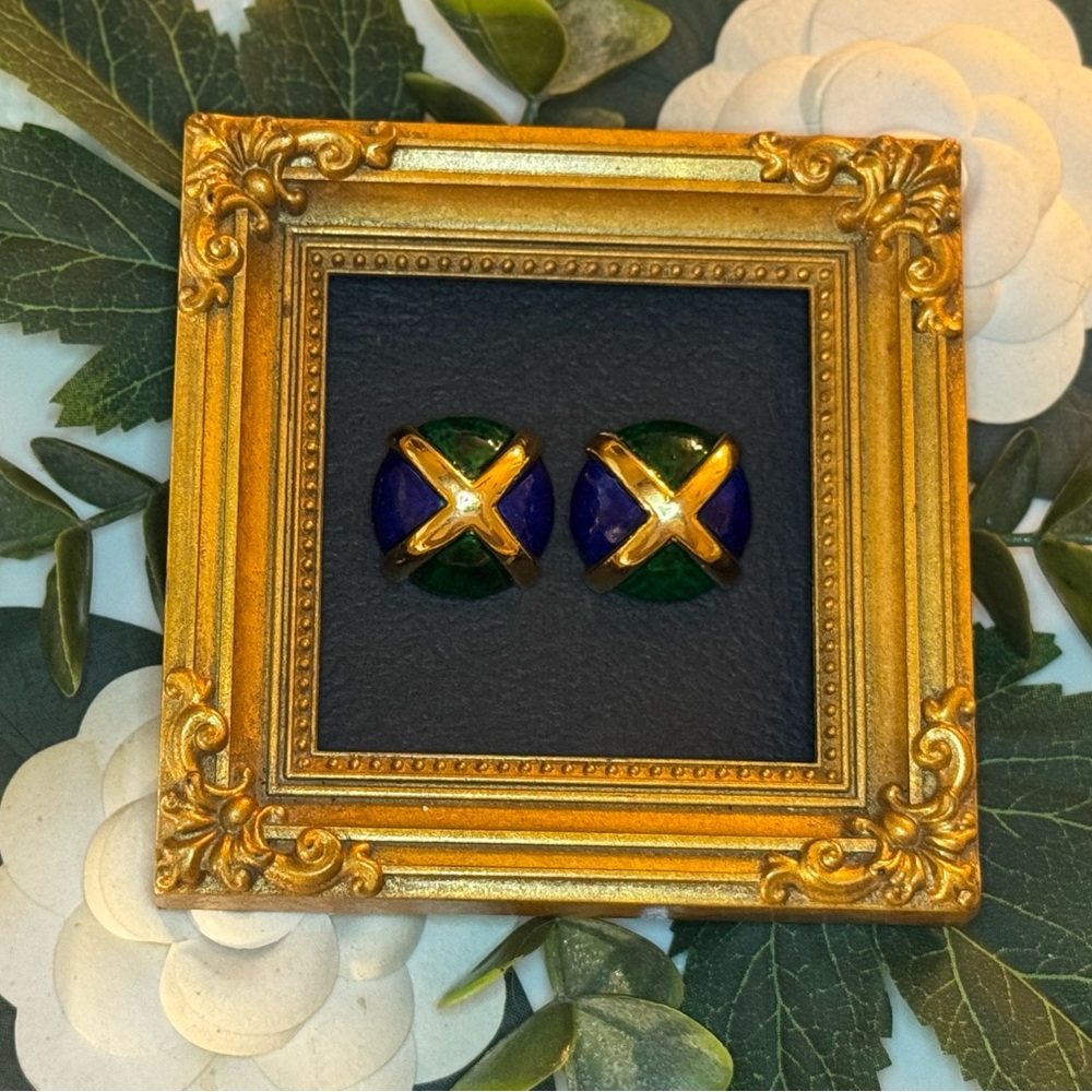 VTG Fabulous Blue and Green Marbled Enamel Goldtone Earrings - Picture 2 of 15